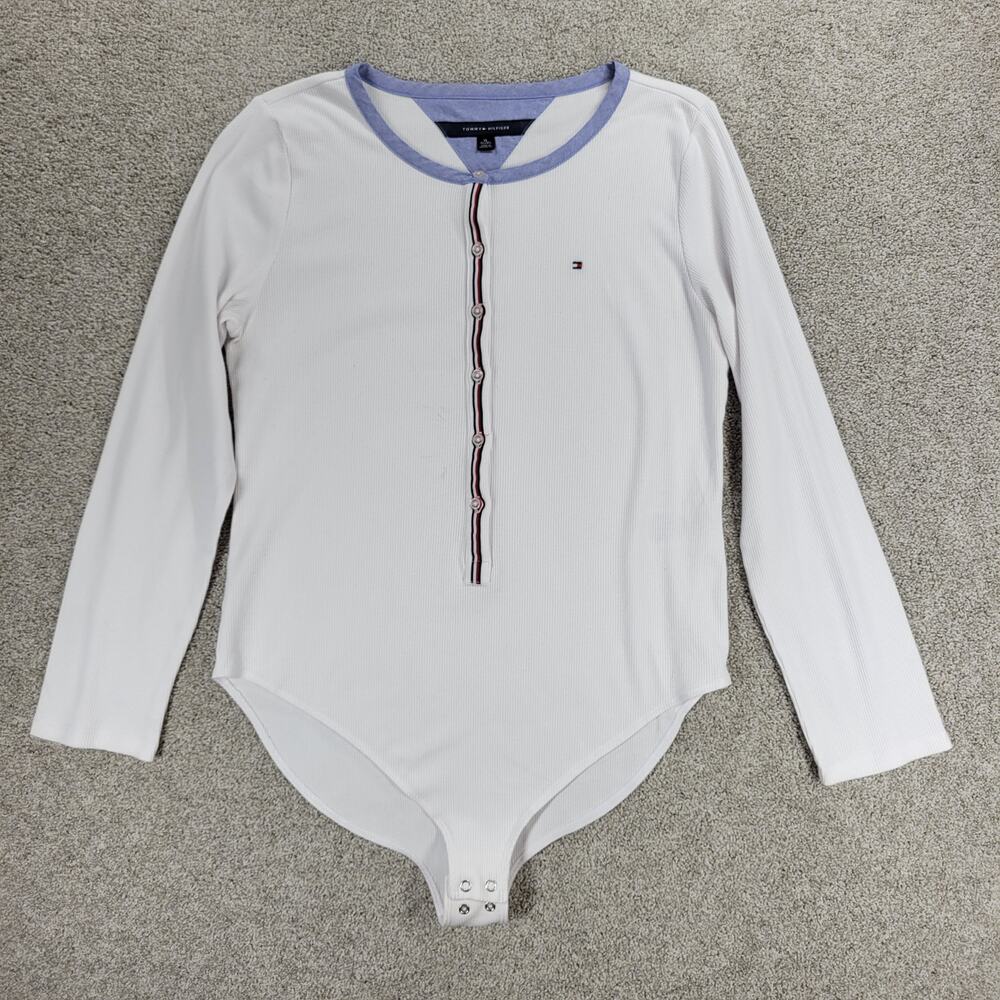 Tommy Hilfiger Bodysuit Womens XL White Ribbed‎ Stretch Knit Buttons Snap Crotch
